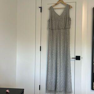 BHLDN silver gray v-neck sleeveless beaded gown, size 14